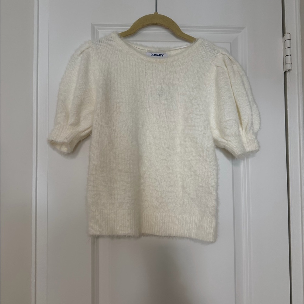 Old Navy Cream Fuzzy Puff Sleeve Sweater